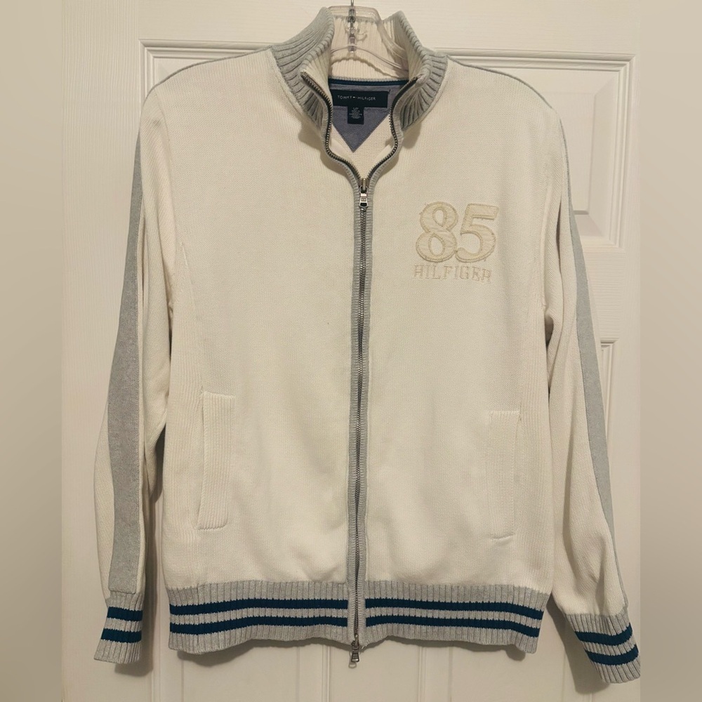 Vintage Y2K Tommy Hilfiger Cream Ribbed Zip Front SweaterJacket Size: Small